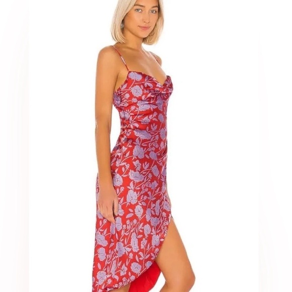 LOVERS + FRIENDS Noah Faux Wrap Dress Red & Purple Lined Spaghetti Strap Sz L - Picture 2 of 11